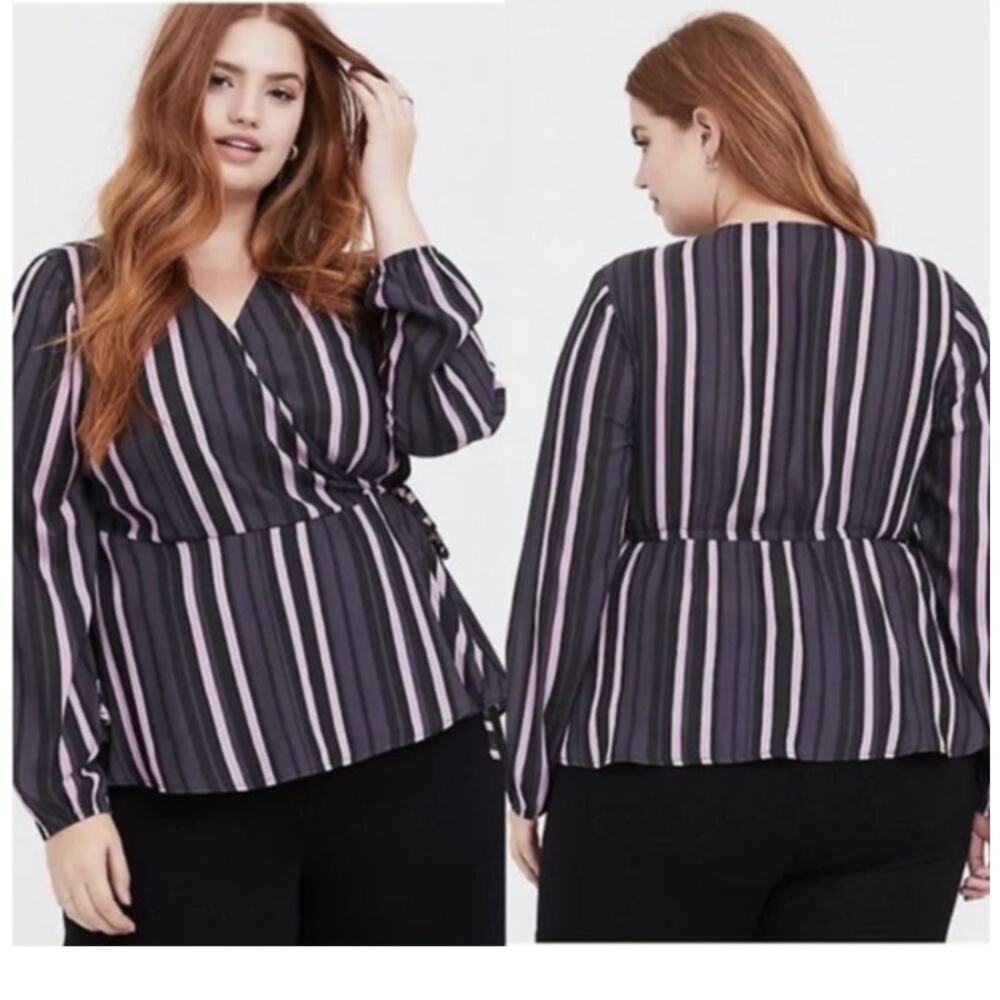 Torrid Faux Wrap Top Blouse Striped Long Sleeve Semi Sheer Gray Purple Womens 6X